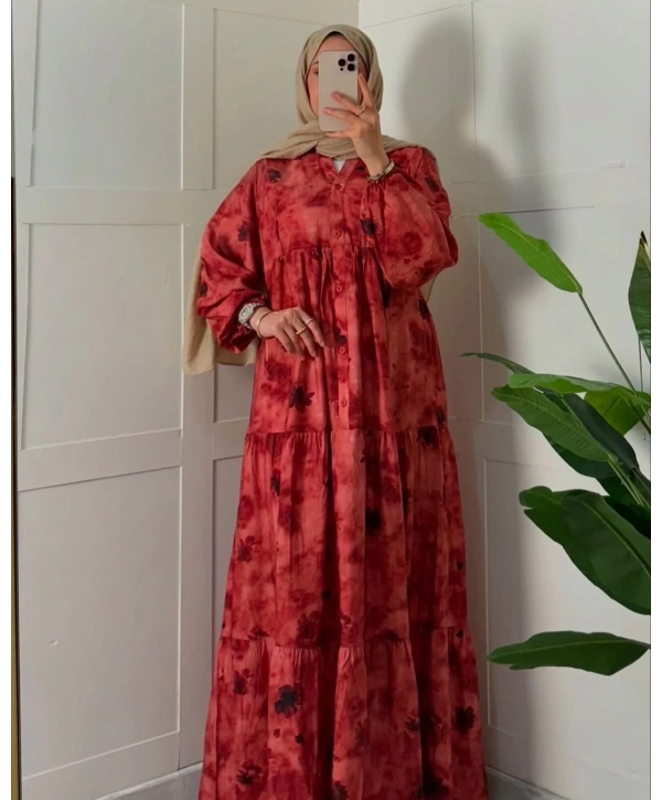 Rana Çiçekli Elbise - Kırmızı