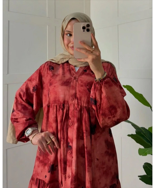 Rana Çiçekli Elbise - Kırmızı