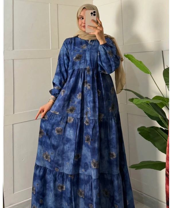 Rana Çiçekli Elbise - Mavi