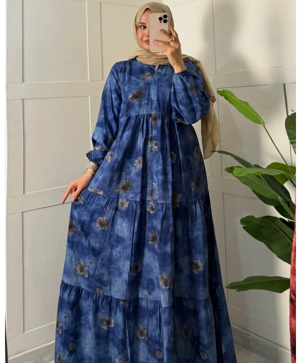 Rana Çiçekli Elbise - Mavi