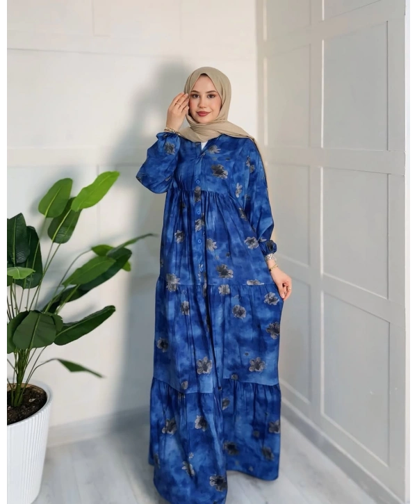 Rana Çiçekli Elbise - Mavi