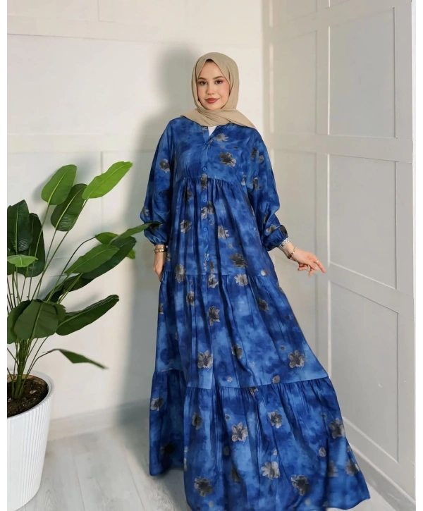 Rana Çiçekli Elbise - Mavi