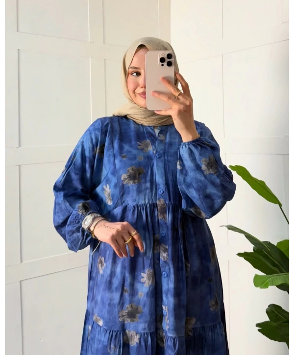 Rana Çiçekli Elbise - Mavi