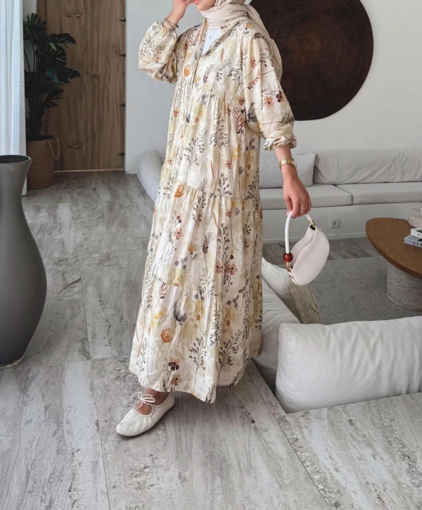 Rana Çiçekli Elbise - Bej