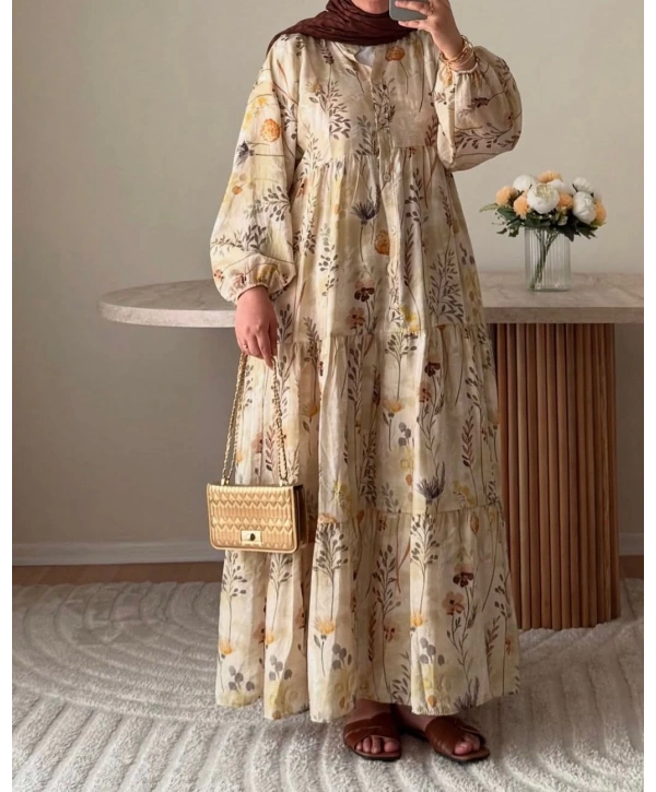 Rana Çiçekli Elbise - Bej