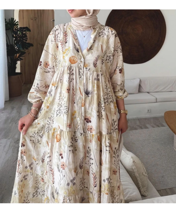 Rana Çiçekli Elbise - Bej