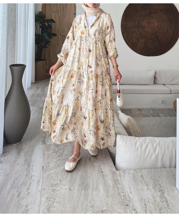 Rana Çiçekli Elbise - Bej