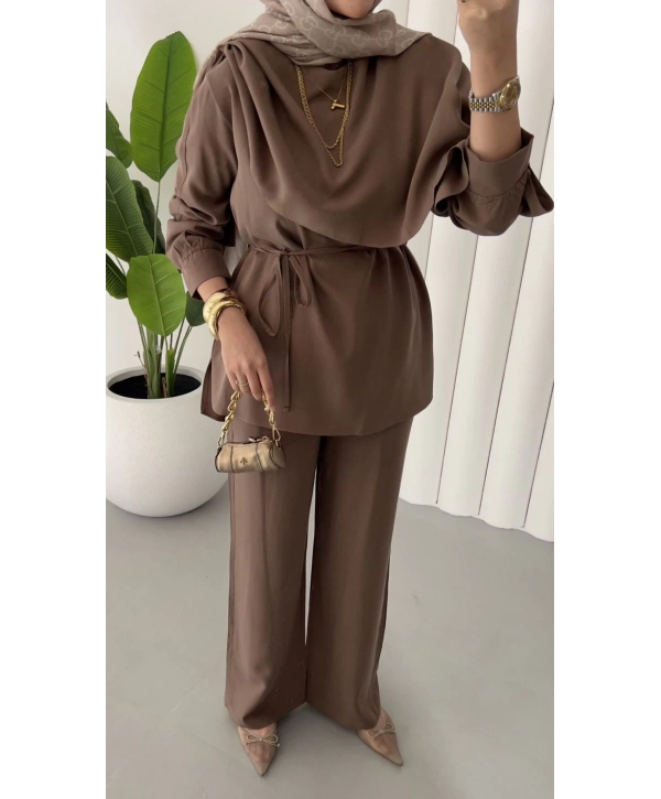Şal Yaka İkili Takım - Kahverengi
