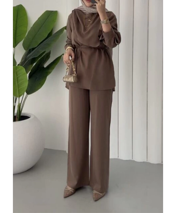 Şal Yaka İkili Takım - Kahverengi