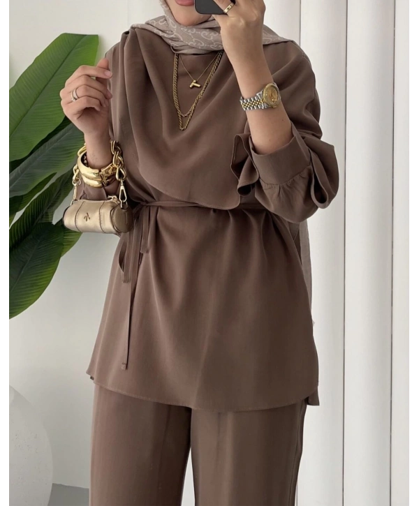 Şal Yaka İkili Takım - Kahverengi