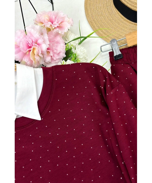 Serpme Taşlı İkili Takım - Bordo