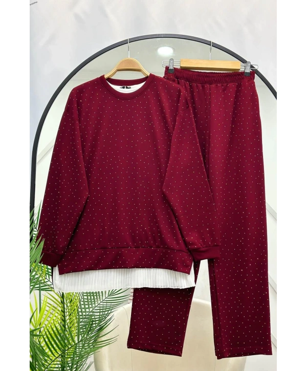 Serpme Taşlı İkili Takım - Bordo