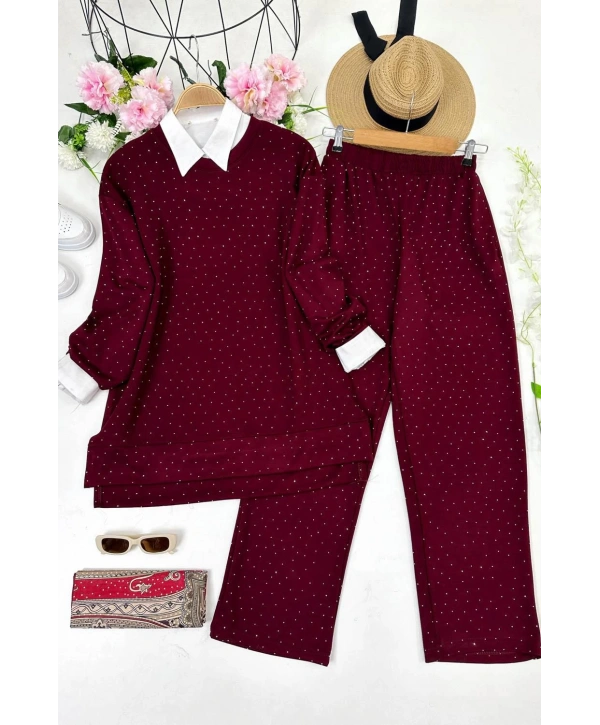 Serpme Taşlı İkili Takım - Bordo