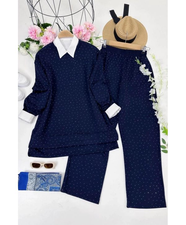 Serpme Taşlı İkili Takım - Lacivert