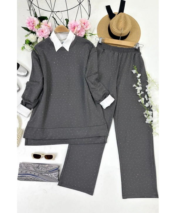 Serpme Taşlı İkili Takım - Gri