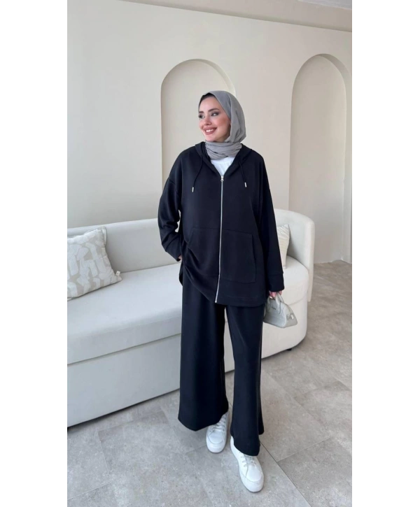 Spor Rahat Fermuarlı Takım - Siyah