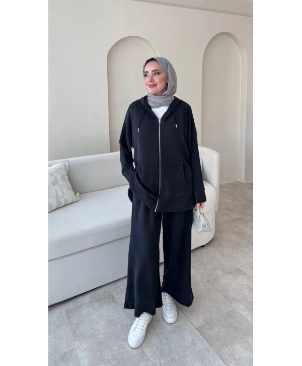 Spor Rahat Fermuarlı Takım - Siyah