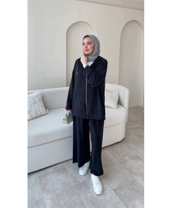 Spor Rahat Fermuarlı Takım - Siyah