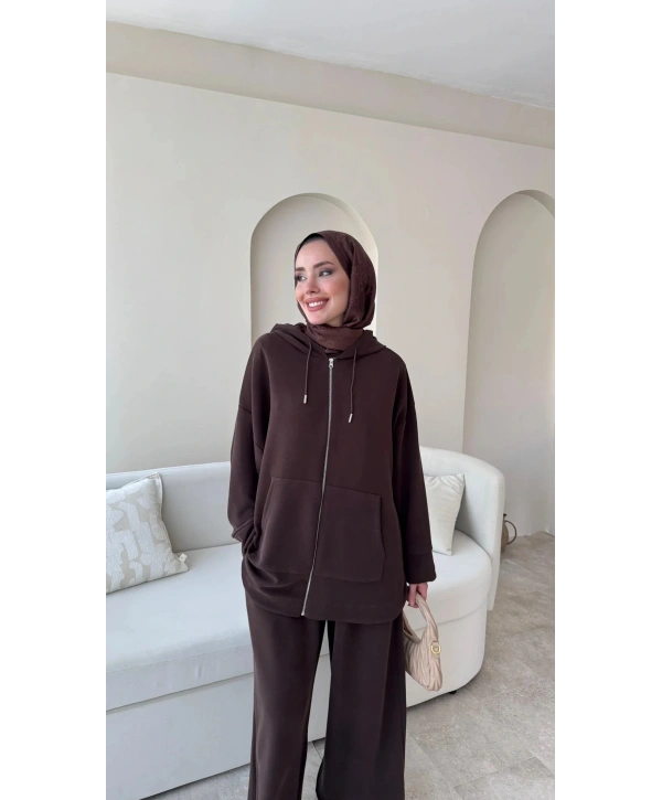 Spor Rahat Fermuarlı Takım - Kahverengi