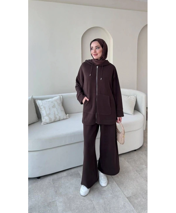 Spor Rahat Fermuarlı Takım - Kahverengi