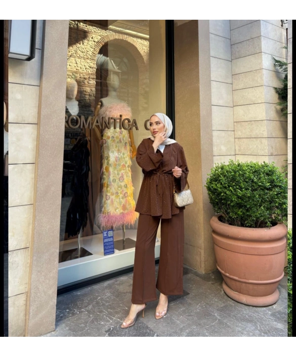 Taşlı Kimonolu Tasarım Takım - Kahverengi