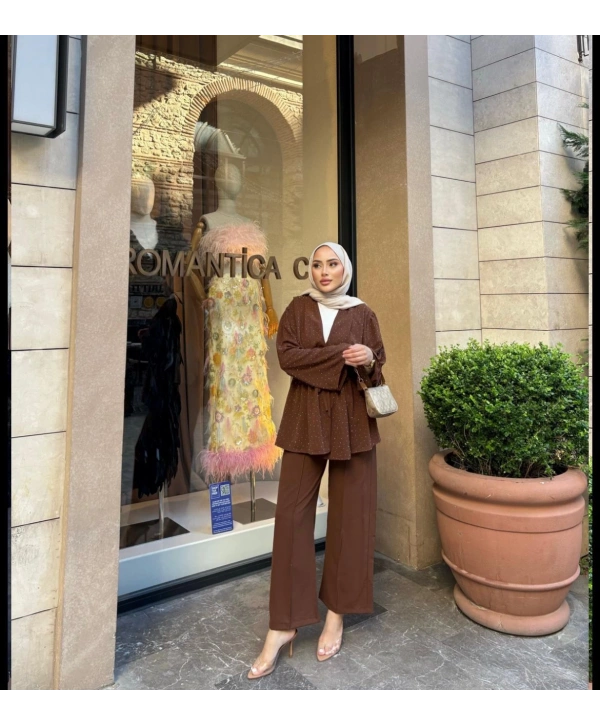 Taşlı Kimonolu Tasarım Takım - Kahverengi