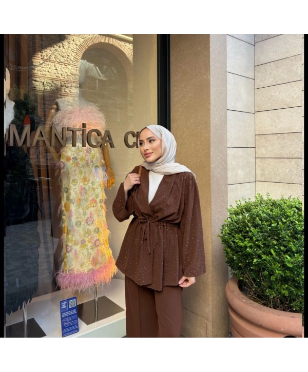 Taşlı Kimonolu Tasarım Takım - Kahverengi