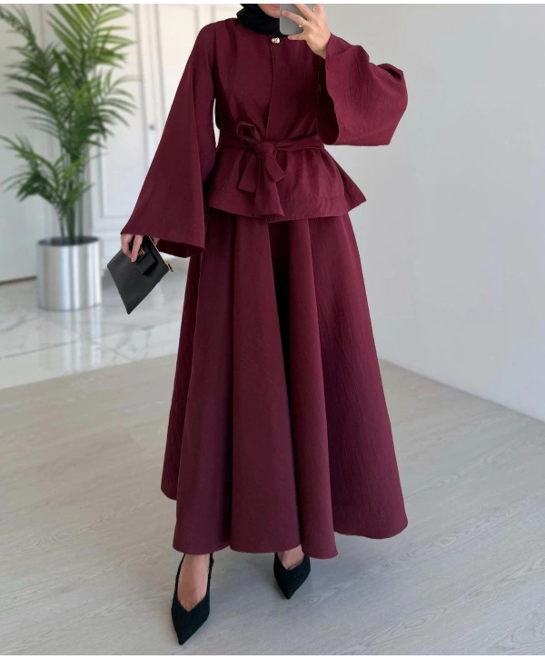 Tek Düğmeli Belden Kuşaklı Ceketli Etekli Takım - Bordo