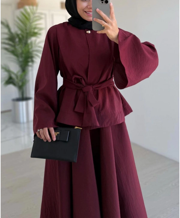 Tek Düğmeli Belden Kuşaklı Ceketli Etekli Takım - Bordo