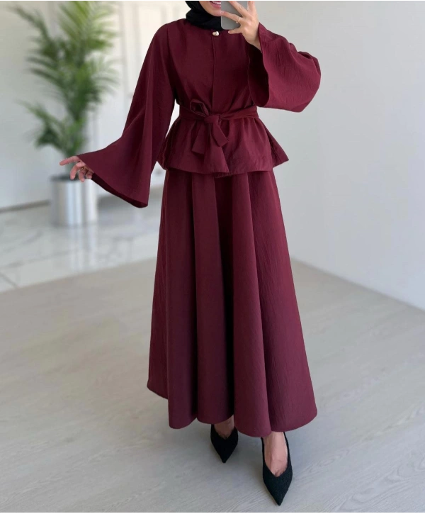 Tek Düğmeli Belden Kuşaklı Ceketli Etekli Takım - Bordo