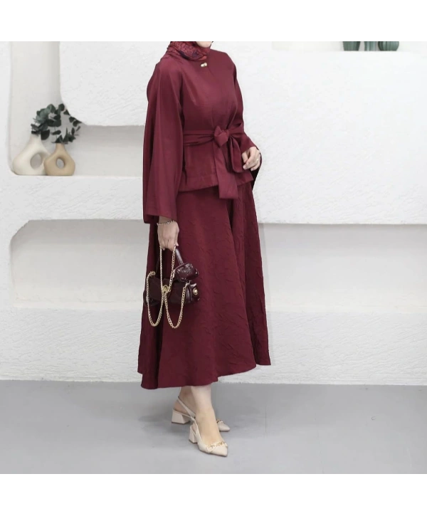 Tek Düğmeli Belden Kuşaklı Ceketli Etekli Takım - Bordo