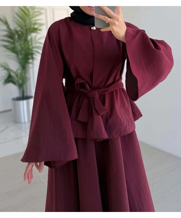 Tek Düğmeli Belden Kuşaklı Ceketli Etekli Takım - Bordo