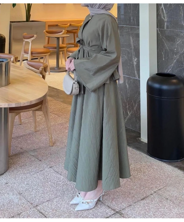 Tek Düğmeli Belden Kuşaklı Ceketli Etekli Takım - Yeşil