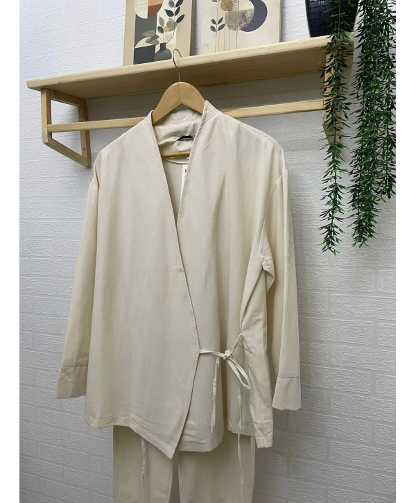 Yandan Bağlamalı Kimonulu Keten Takım