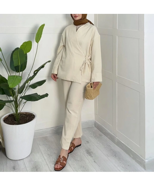 Yandan Bağlamalı Kimonulu Keten Takım