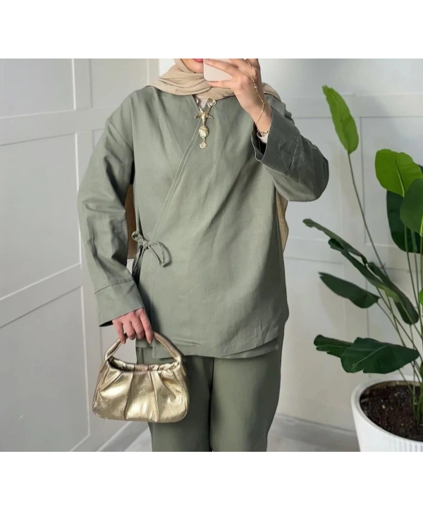 Yandan Bağlamalı Kimonulu Keten Takım