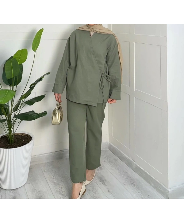 Yandan Bağlamalı Kimonulu Keten Takım