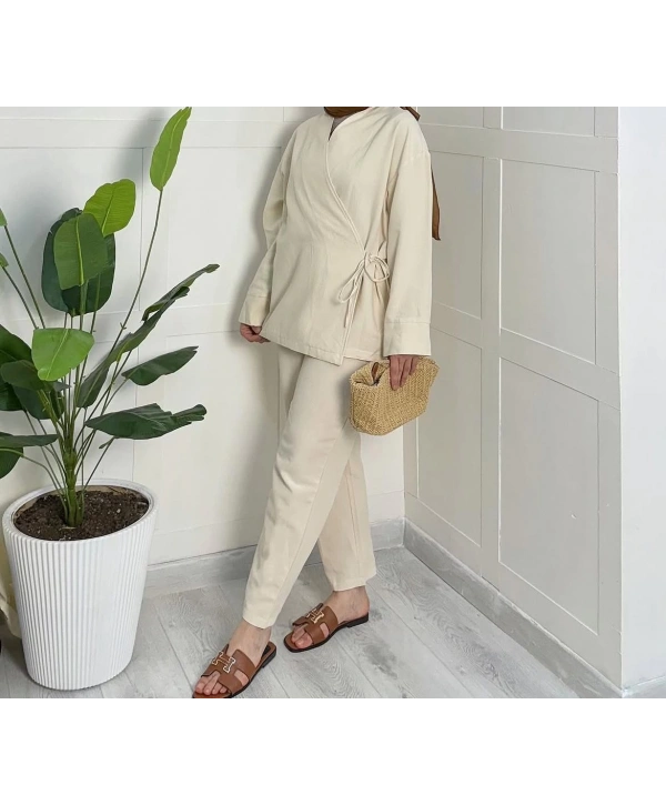 Yandan Bağlamalı Kimonulu Keten Takım