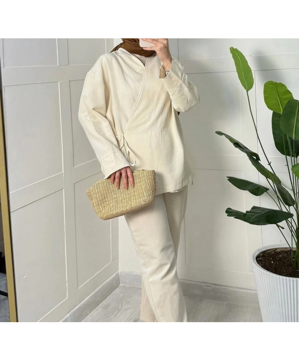 Yandan Bağlamalı Kimonulu Keten Takım