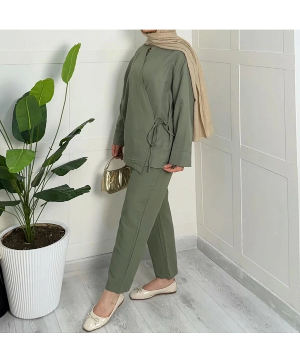 Yandan Bağlamalı Kimonulu Keten Takım