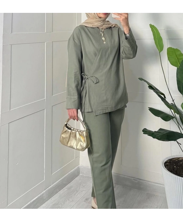 Yandan Bağlamalı Kimonulu Keten Takım