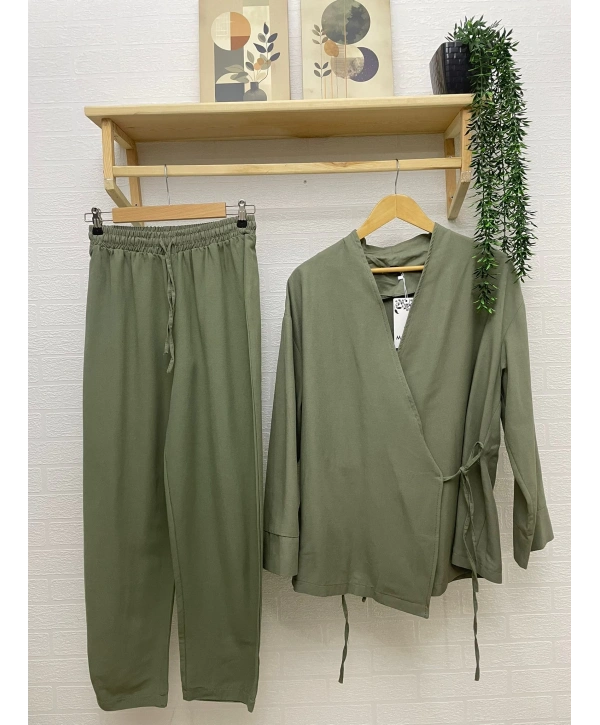 Yandan Bağlamalı Kimonulu Keten Takım