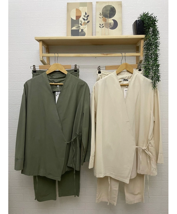 Yandan Bağlamalı Kimonulu Keten Takım