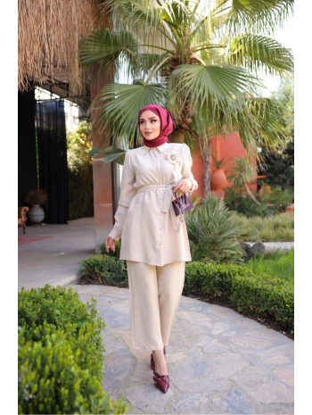 ÇİÇEK BROŞLU İKİLİ TAKIM PANTOLON TUNİK