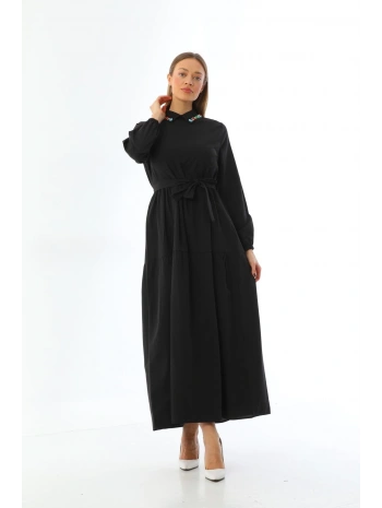 Yakası Taşlı Terrycotton Elbise Kadın