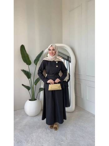 Nevra Çift Düğmeli Kemerli Etekli Takım - Siyah