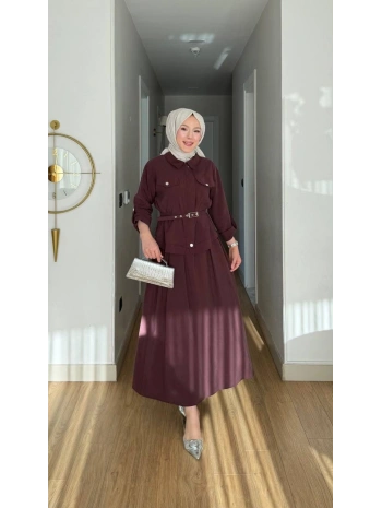 Ece Çıtçıt Kapaklı Fermuarlı Kemerli Etekli Takım - Bordo