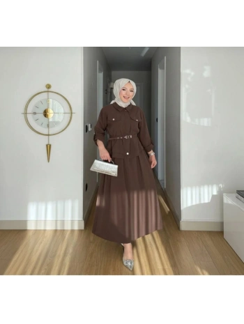 Ece Çıtçıt Kapaklı Fermuarlı Kemerli Etekli Takım - Kahverengi