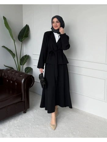 Ayel Kuşaklı Etekli Takım - Siyah