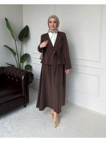Ayel Kuşaklı Etekli Takım - Kahverengi